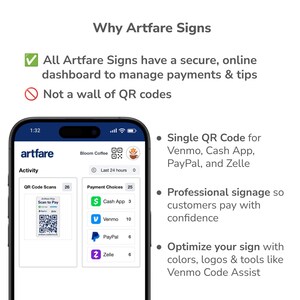 May include: A smartphone screen displays the Artfare app interface, showcasing payment options like Cash App, Venmo, PayPal, and Zelle. The app offers a secure online dashboard for managing payments and tips, with a single QR code for various payment methods.