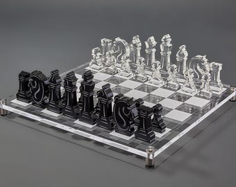 Modern Acrylic Chess Set, Luxe Clear Game Board with Gold or Silver Standoffs, Elegant Tabletop Game, Stylish Coffee Table Decor