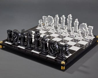 Luxury Acrylic Chess Set, Stylish Coffee Table Decor, Sleek Black Game Board with Gold or Silver Standoffs, King Stands 5" Tall