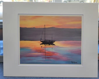 May include: A framed painting depicting a sailboat on tranquil water at sunset. The sky transitions from orange to purple, reflected in the water. The sailboat is silhouetted against the colourful sky. The artwork is signed "Matthea".