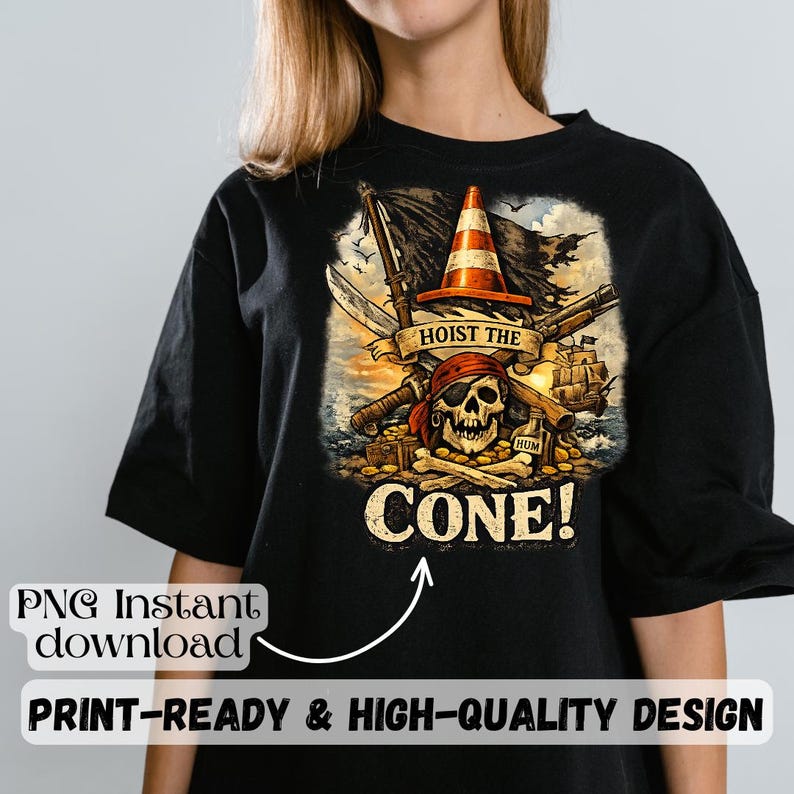 May include: Black t-shirt featuring a pirate-themed graphic. The design includes a skull wearing an eye patch, crossed swords, a traffic cone, and the text "HOIST THE CONE!". The shirt also has the text "PNG Instant download" and "PRINT-READY & HIGH-QUALITY DESIGN".