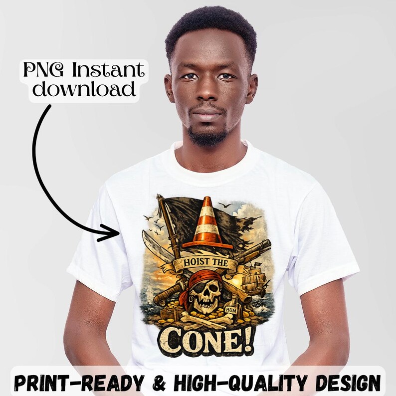May include: White t-shirt featuring a pirate-themed graphic with a skull wearing a red bandana, crossed swords, and a traffic cone. The text "HOIST THE CONE!" is displayed. The shirt is worn by a person.