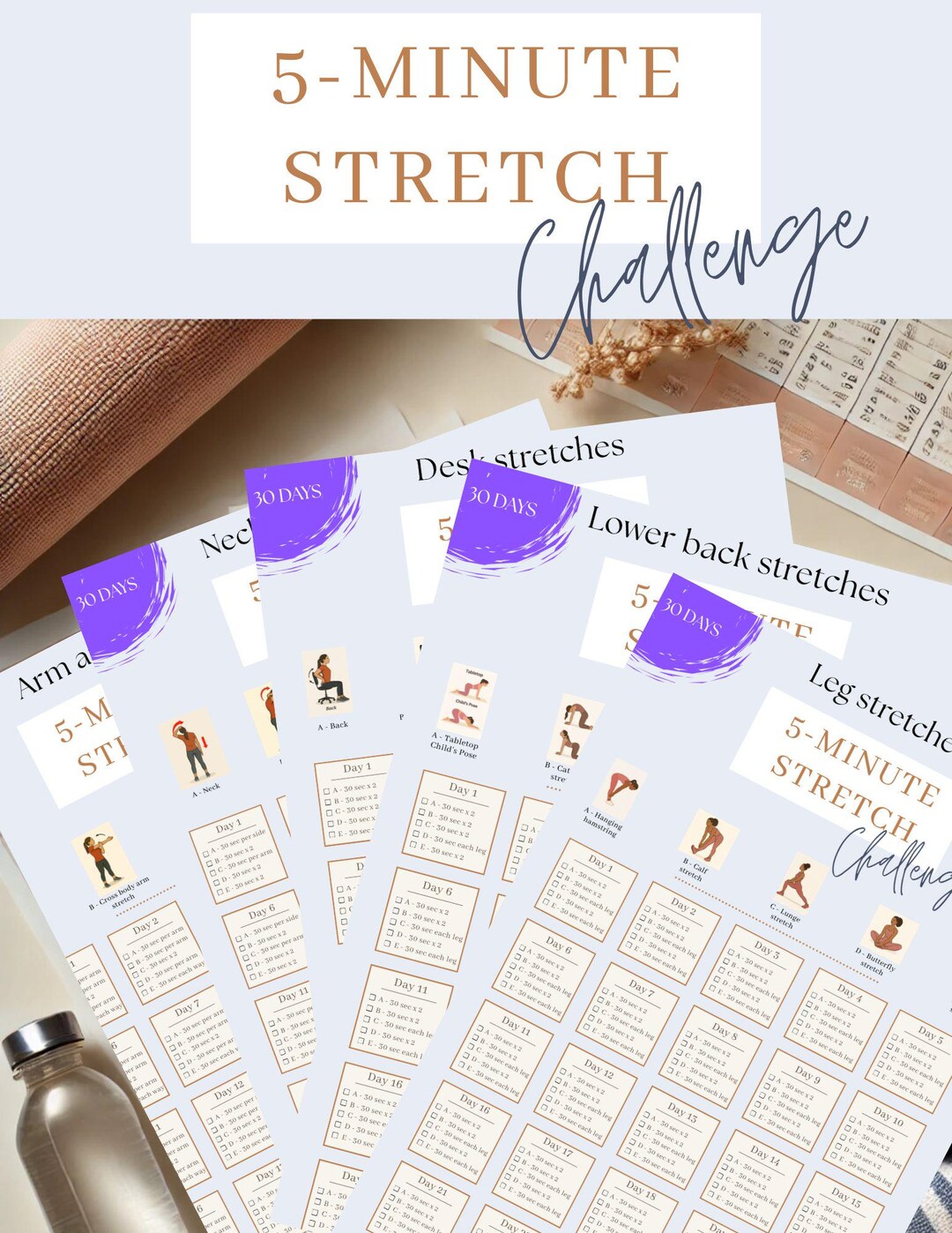 The 5-minute Stretch Challenge–5 Printable 30-day Guides. Perfect for ...