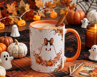 Ghost Pumpkin Halloween Mug, Spooky Fall Coffee Cup, Autumn Ceramic Drinkware