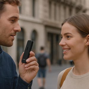 Peut inclure: Un appareil rectangulaire noir est tenu par une personne en chemise bleue. L'appareil a un petit écran et un bouton. Le texte "Where is the train station?" et "Où est la gare ?" est affiché en bas de l'image.