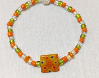 Funky Hippie Flower Bracelet, Vintage Glass, Swarovski, Green and Orange