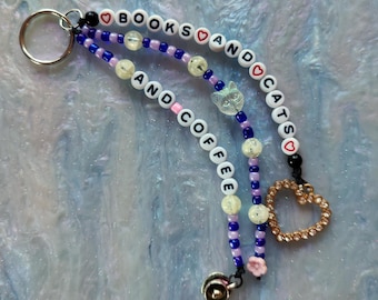 Handmade Beaded Bag Charm, Books, Cats, and Coffee, Beaded Dangle Handbag, Glass, Pendants