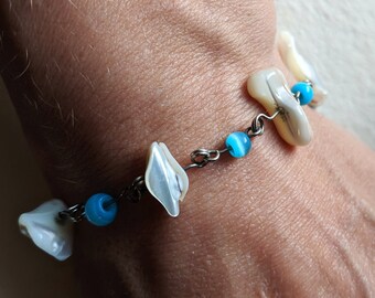 Mother of Pearl and Teal Tiger's Eye Bracelet, Beach Comber, Ocean Lover, Nautical Jewelry, California, Florida, Cancun