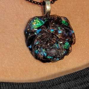 Black Iridescent Rose Necklace, Blue Flower Epoxy Resin, Large Floral Pendant, Handmade in USA, OOAK Design, Gothic Jewelry, Goth Jewellery