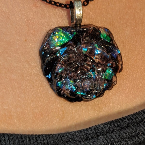 Black Iridescent Rose Necklace, Blue Flower Epoxy Resin, Large Floral Pendant, Handmade in USA, OOAK Design, Gothic Jewelry, Goth Jewellery