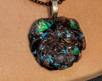 Black Iridescent Rose Necklace, Blue Flower Epoxy Resin, Large Floral Pendant, Handmade in USA, OOAK Design, Gothic Jewelry, Goth Jewellery