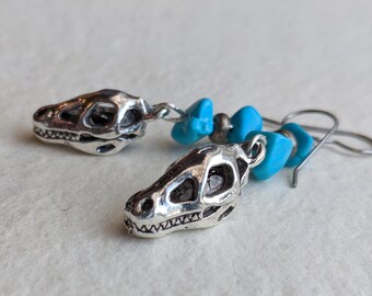 Dinosaur Fossil Earrings, Turquoise and T-Rex, Paleontology Gift, Professor Gift, Teacher, Dino Jewelry, Fun Jewellery, Librarian Present