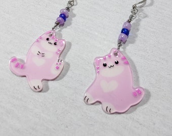 Playful Kitties Earrings, Kawaii Pink Kittens, Quirky Cat Jewelry, Purple Glass Beads