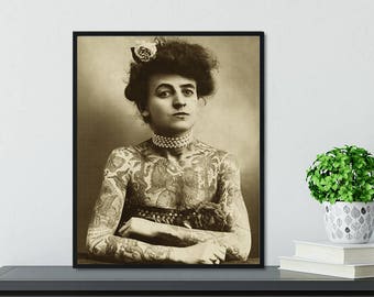 Impression d'art de la femme tatouée, Maud Wagner, décoration de dortoir, art mural victorien vintage encadré