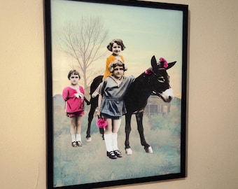 Vintage Mexico Art Print, Children on Donkey, Latino Wall Decor