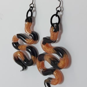 Snake Earrings, Orange and Black Lightweight Resin, Gothic Jewelry, Horror, Spooky, Scary, Macabre, Epoxy Resin Handmade image 3