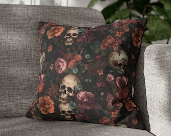 Rococo Skulls Throw Pillow Case, Halloween Home Decor, Couch Cushion, Floral Gothic