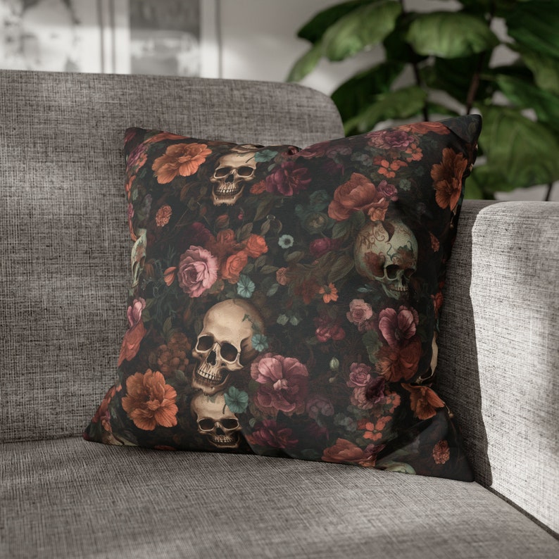 Rococo Skulls Throw Pillow Case, Halloween Home Decor, Couch Cushion, Floral Gothic image 1