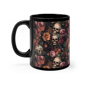 Rococo Skulls Black Coffee Mug, Halloween Cup, Gift for Goth, Floral Skeletons image 2