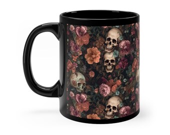 Rococo Skulls Black Coffee Mug, Halloween Cup, Gift for Goth, Floral Skeletons