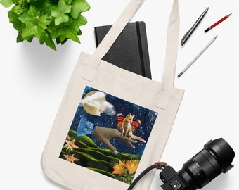 Give Nature a Boost Organic Canvas Tote Bag, Surreal Collage Art, Fox, Rocket