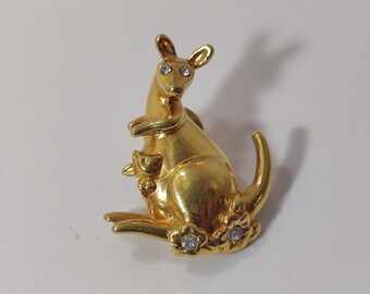 Cute Vintage Kangaroo Pin, Baby Joey Pin Brooch Gold Tone with Crystal Eyes