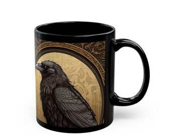 Victorian Raven Black Mug | Gothic Crow Illustration, Ornate Frame Halloween Gift
