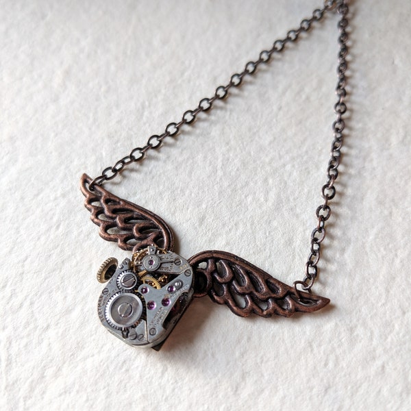 Winged Clock Reversible Steampunk Necklace, Reclaimed, Recycled Jewelry, Time Flies, Flying Watch, Gears and Gaskets, Sprockets