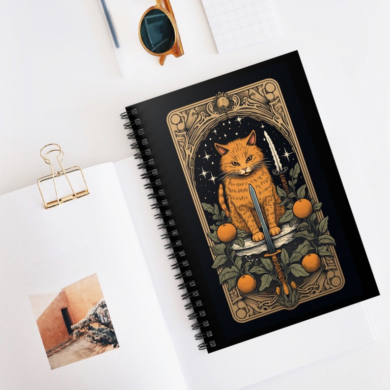 Cat Tarot Spiral Notebook, Halloween Themed Gothic Journal, Swords, Cat Lover Gift image 1