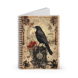 Crow Collage Spiral Notebook, Victorian Dictionary Vintage Paper Scrapbook Style, Poetry, Prose, Gothic Gift, Pet Present image 1