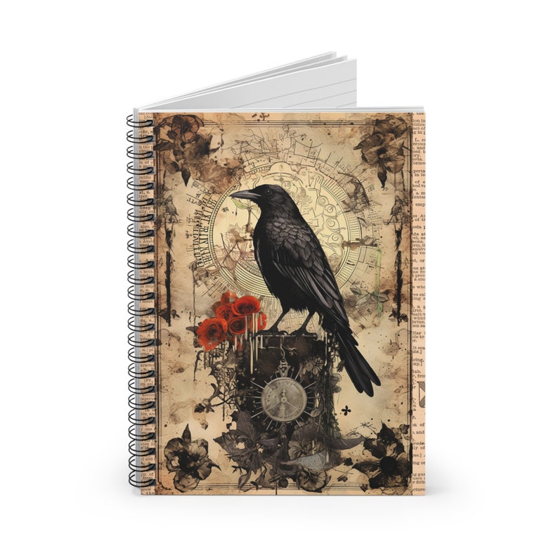 Crow Collage Spiral Notebook, Victorian Dictionary Vintage Paper Scrapbook Style, Poetry, Prose, Gothic Gift, Pet Present image 1