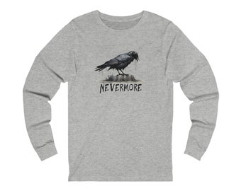 Poe Raven Long Sleeve Tee, Nevermore, Unisex, Poet Gift, Book Lover, Plus Size Options