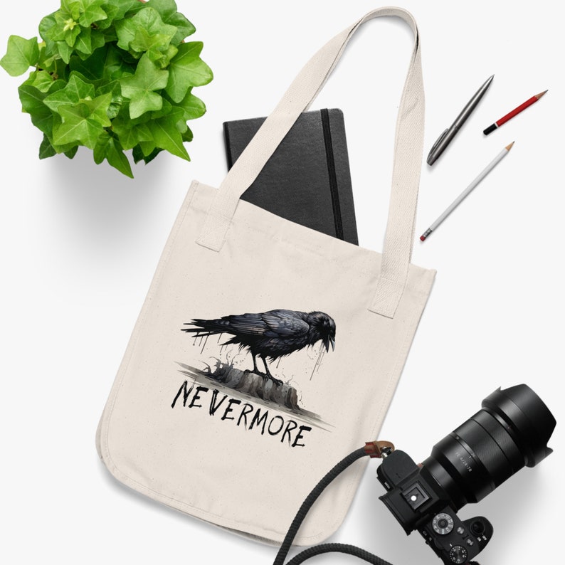 The Raven Nevermore, Heavy Duty Cotton Tote Bag, Durable Shopping Bag, Edgar Allan Poe, Poe Gift, Raven Literary Poe Book Bag image 3