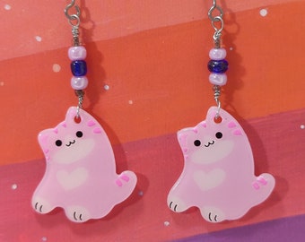 Boucles d'oreilles chaton rose kawaii, bijoux chats originaux, perles de verre violettes