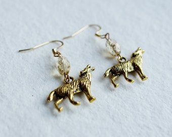 Gold Wolf Charm Earrings, Hypoallergenic Stainless Steel Hooks