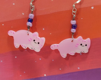 Boucles d'oreilles chaton rose, bijoux chat kawaii, perles de verre violettes
