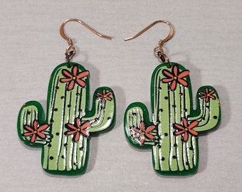 Boucles d'oreilles cactus vert, bijoux amusants du sud-ouest du désert, rose et vert