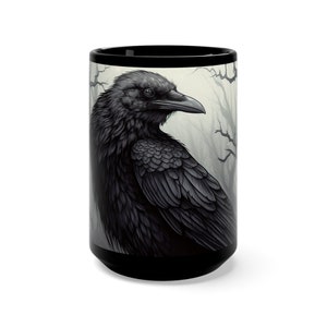 Raven of Death Black Coffee Mug, Crow Tea Cup, Halloween Gift, Gothic image 1