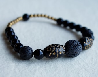 Men's Lava Rock Bracelet, Jet Stone, Vintage Tibetan Beads