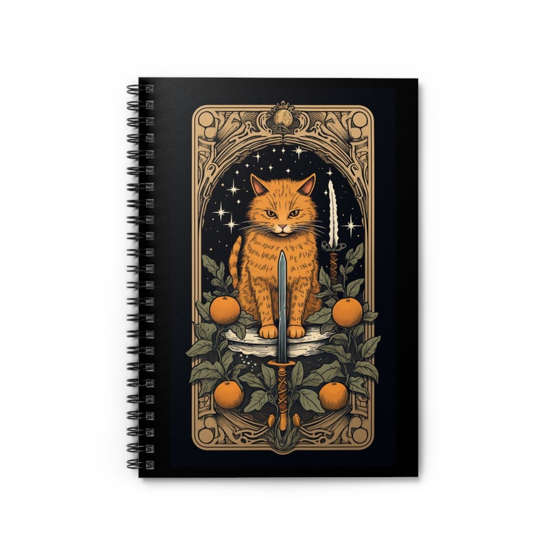 Cat Tarot Spiral Notebook, Halloween Themed Gothic Journal, Swords, Cat Lover Gift image 2