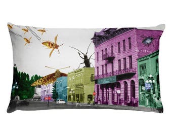 Surreal Insect Cityscape Throw Pillow, Colorful Kids Room Decor