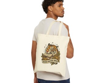 Books Before Bros Tote | Traditional Tattoo Style, Tiger & Banner Illustration