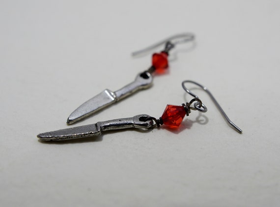 Halloween Knife Dangle Earrings, Silver, Blood Red Crystal  display picture 2
