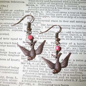 Sparrows at Sea Pirate Earrings, Buccaneer Tattoo Flash Jewelry, Love Birds, Rockabilly, Coral and Bronze