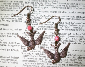 Sparrows at Sea Pirate Earrings, Buccaneer Tattoo Flash Jewelry, Love Birds, Rockabilly, Coral and Bronze
