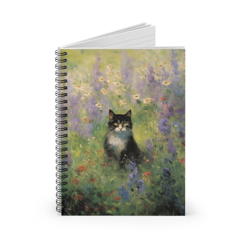 Tuxedo Cat in Wildflowers Spiral Notebook, Matisse Style Painting, Gardening Notes, Poetry, Prose, Cat Lover Gift image 3