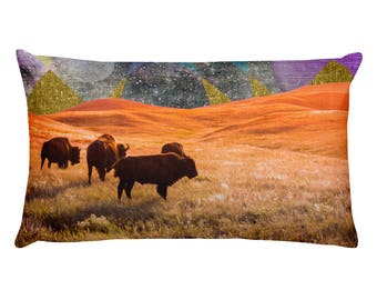 Surreal Bison Lumbar Pillow, Psychedelic Space Collage Art