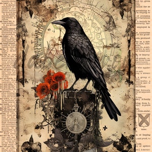 Steam Punk Crow Dictionary Print, Victorian Collage Art, Vintage Decor, Gothic Floral, Earthy Home image 3