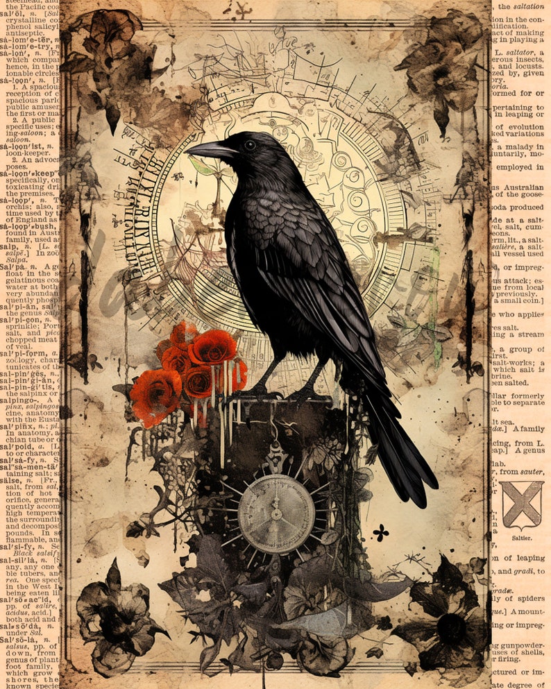 Steam Punk Crow Dictionary Print, Victorian Collage Art, Vintage Decor, Gothic Floral, Earthy Home image 3