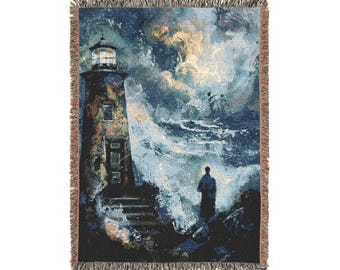 Moonlit Lighthouse Woven Blanket | Coastal Nightscape Throw